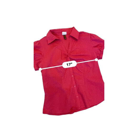 pink ruched textured collared short sleeve button front top stretch cotton - Picture 8 of 9